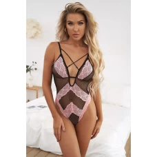 Women's Pink Criss Cross Lace Mesh Patch Teddy