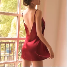 Deep V Neck Sexy Lingerie Satin Mini Chemise Red