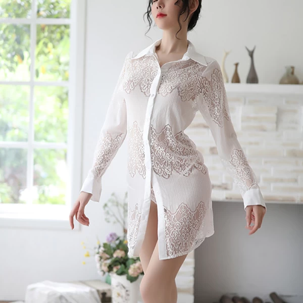 Sexy Sheer Sleepshirt Pajamas Mesh Blouse Lingerie White