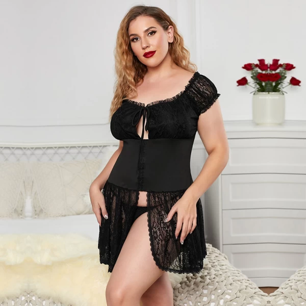 Lace Babydoll Strap Chemise Mesh Sleepwear Black