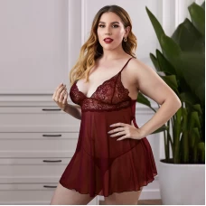 Lace Babydoll V Neck Sexy Sleepwear Strap Chemise Red