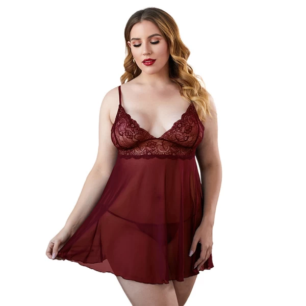 Lace Babydoll V Neck Sexy Sleepwear Strap Chemise Red