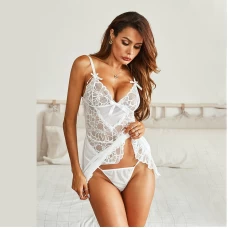 Lace Babydoll Mesh Nightwear V Neck Teddy White