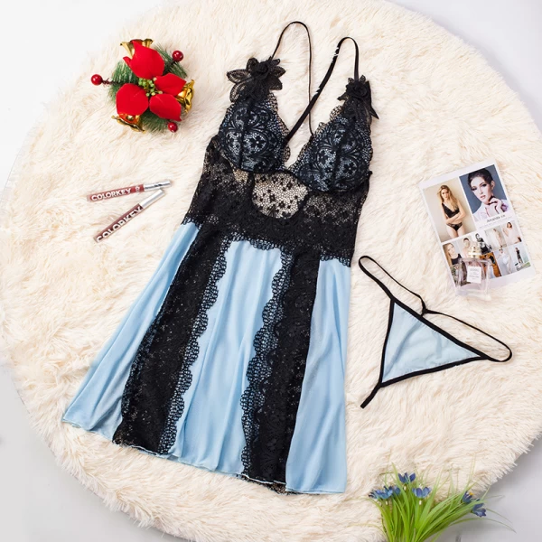 Lace Babydoll Strap Chemise Teddy V Neck Sleepwear Blue