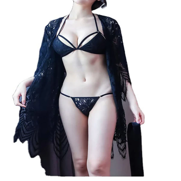 Kimono Robe Babydoll Lingerie Eyelash Nightgown Black