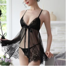 V-Neck Lingerie Lace Babydoll Mesh Chemise Set Black