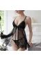 V-Neck Lingerie Lace Babydoll Mesh Chemise Set Black