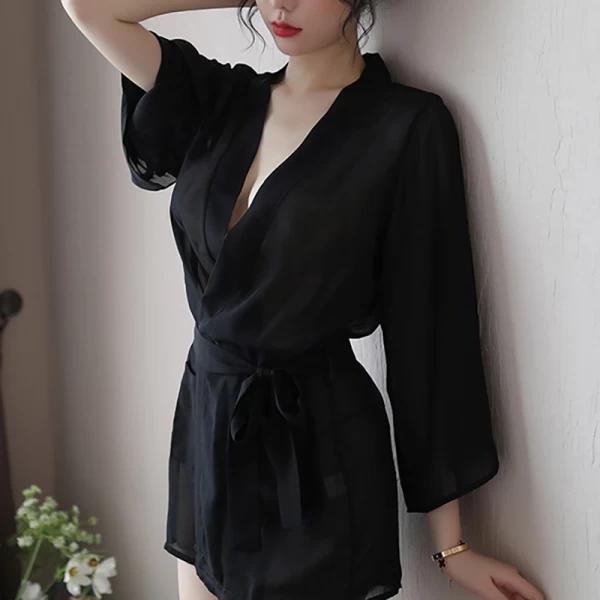 Kimono Robe Mesh Chemise Gown Cover Up Black