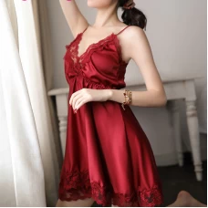 Side Slit Lingerie Babydoll Lace Nightgown Burgundy