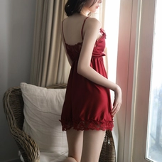 Side Slit Lingerie Babydoll Lace Nightgown Burgundy