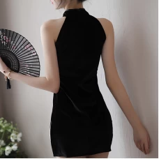 Black Cheongsam Bodysuit With Chest Hollow