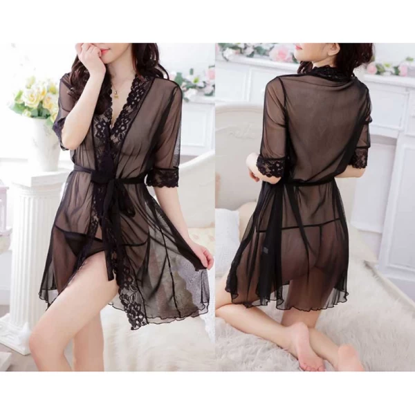 Floral Lace Babydoll Lingerie Sheer Mesh Nightgown Black