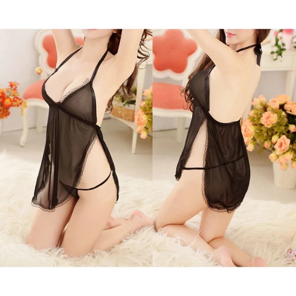 Lace Babydoll Strap V Neck Chemise Teddy Black