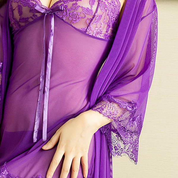 3 Piece Lace Kimono Robe Babydoll Lingerie Set Purple