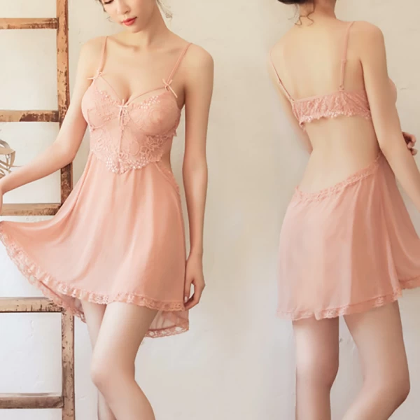 Lace Babydoll Full Slip Dress Backless Sleepwear Blush