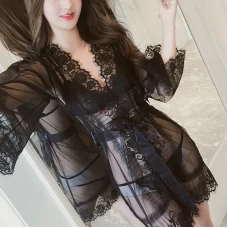 Lace Babydoll Lingerie Sheer Mesh Nightgown Black