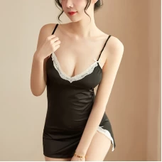 V Neck Lace Chemise Mini Teddy with Chest Pad Black