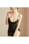 V Neck Lace Chemise Mini Teddy with Chest Pad Black