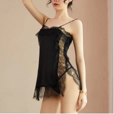 Sexy Lingerie Floral Lace V Neck Mesh Chemise Black