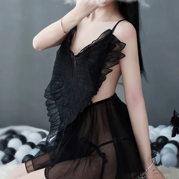 Butterfly Mesh Chemise Babydoll Strap Teddy Black