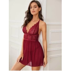 Halter Teddy V Neck Sleepwear Lace Babydoll Burgundy