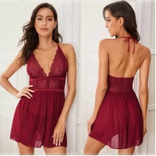 Halter Teddy V Neck Sleepwear Lace Babydoll Burgundy