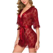 Kimono Robe Babydoll Sexy Lingerie Mesh Chemise Burgundy