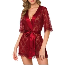 Kimono Robe Babydoll Sexy Lingerie Mesh Chemise Burgundy