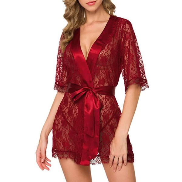 Kimono Robe Babydoll Sexy Lingerie Mesh Chemise Burgundy