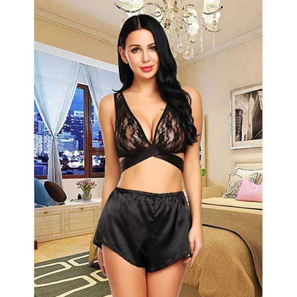 Lace Cami Top with Satin Shorts 2 Piece Lingerie Black