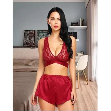 Lace Cami Top with Satin Shorts 2 Piece Lingerie Red