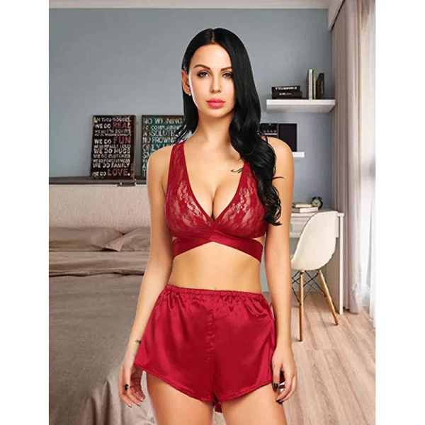 Lace Cami Top with Satin Shorts 2 Piece Lingerie Red