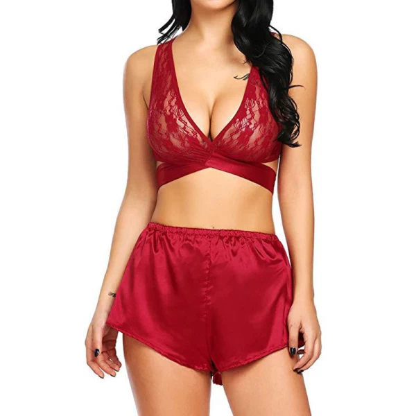 Lace Cami Top with Satin Shorts 2 Piece Lingerie Red