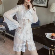 Deep V Nightwear Mesh Sheer Chemises Robe White