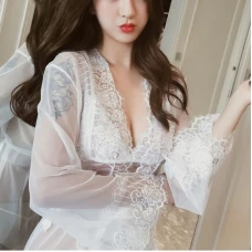 Deep V Nightwear Mesh Sheer Chemises Robe White