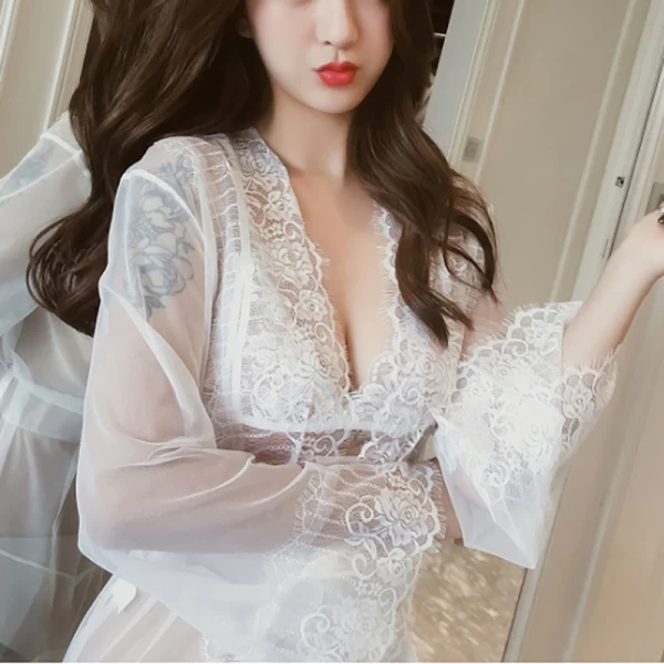 Deep V Nightwear Mesh Sheer Chemises Robe White