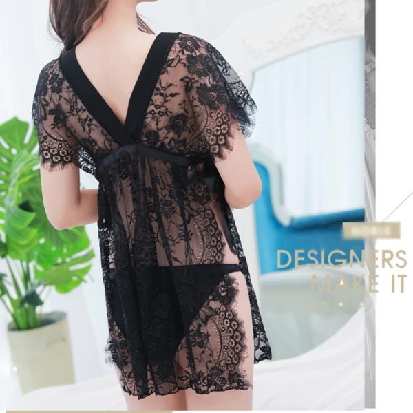 Sexy Lingerie Eyelash Lace Babydoll Deep V Nightwear