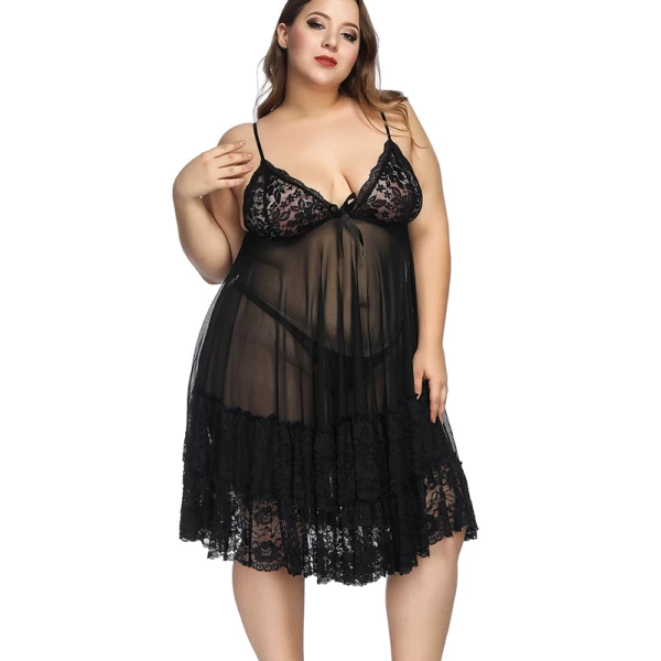 Plus Size Floral Lace Mesh Babydoll Lingerie Black