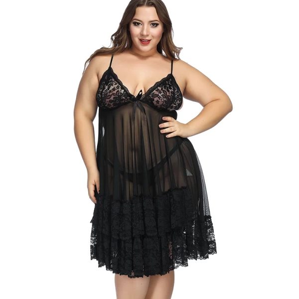 Plus Size Floral Lace Mesh Babydoll Lingerie Black