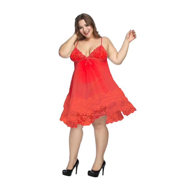 Plus Size Floral Lace Mesh Babydoll Lingerie Red