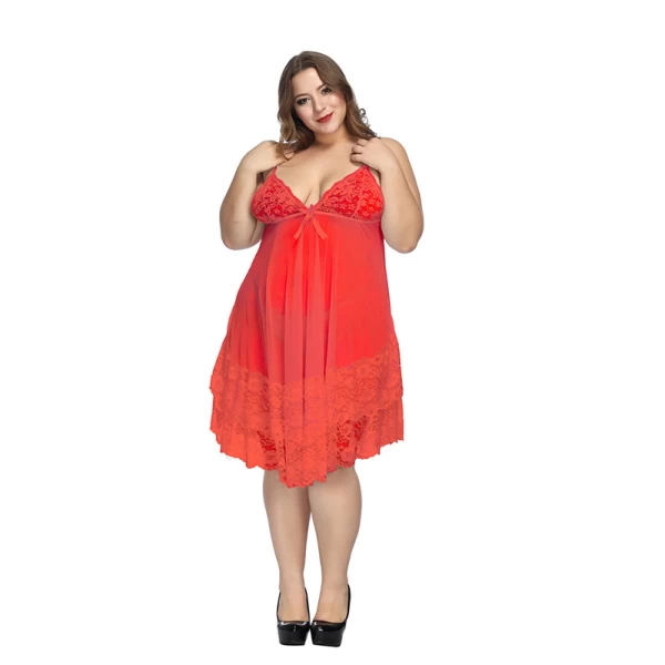 Plus Size Floral Lace Mesh Babydoll Lingerie Red