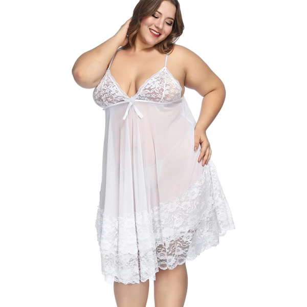 Plus Size Floral Lace Mesh Babydoll Lingerie White