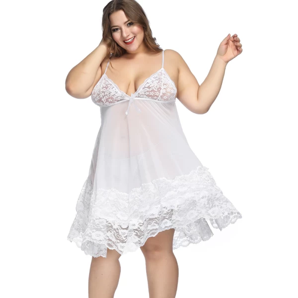 Plus Size Floral Lace Mesh Babydoll Lingerie White