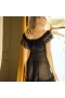 Lotus Leaf Lace Hem Babydoll Strap Chemise Black