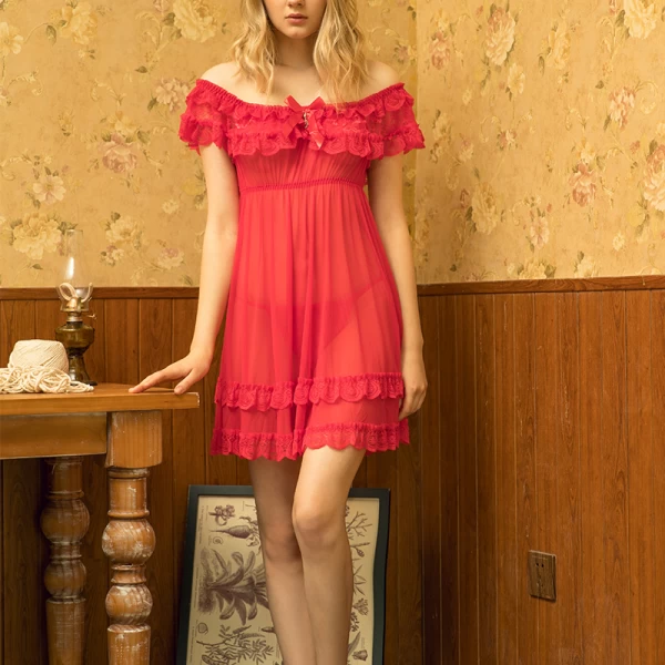 Lotus Leaf Lace Hem Babydoll Strap Chemise Red