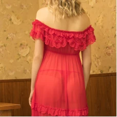 Lotus Leaf Lace Hem Babydoll Strap Chemise Red