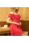 Lotus Leaf Lace Hem Babydoll Strap Chemise Red