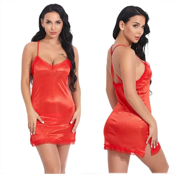 Women V-Neck Lace Backless Babydoll Strap Lingerie Red