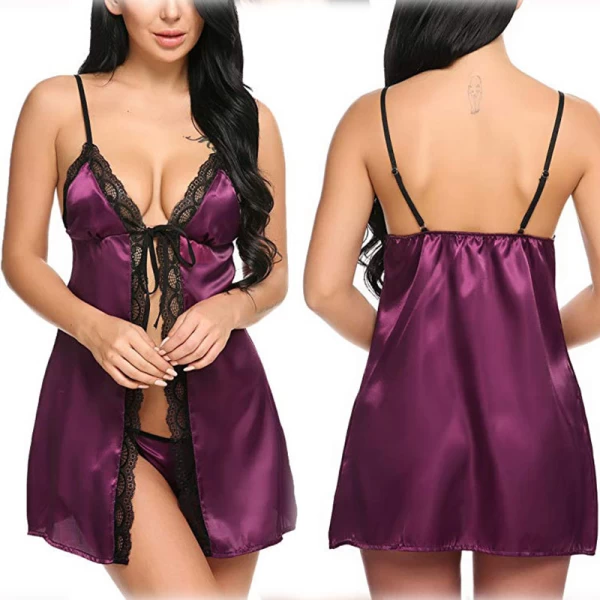 Lace Chemise Nightgown Satin Open Front Nightwear Purple