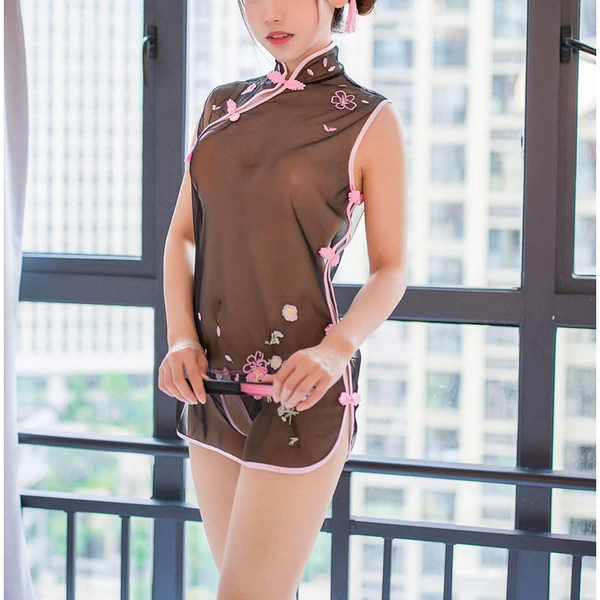 Embroidery Sleepwear Cheongsam Chemise Set Black